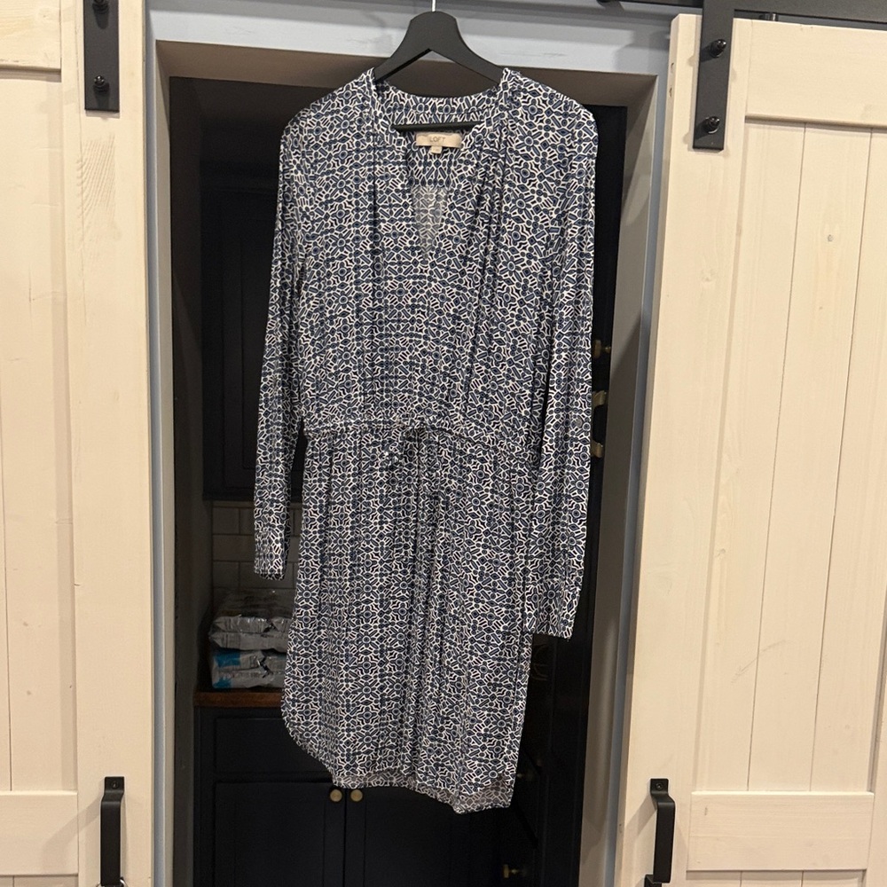 LOFT Blue and White Patterned Long Sleeve Dress